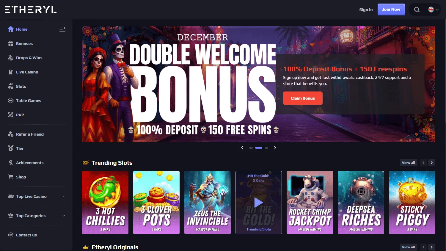 Eth Casino home interface on a desktop screen