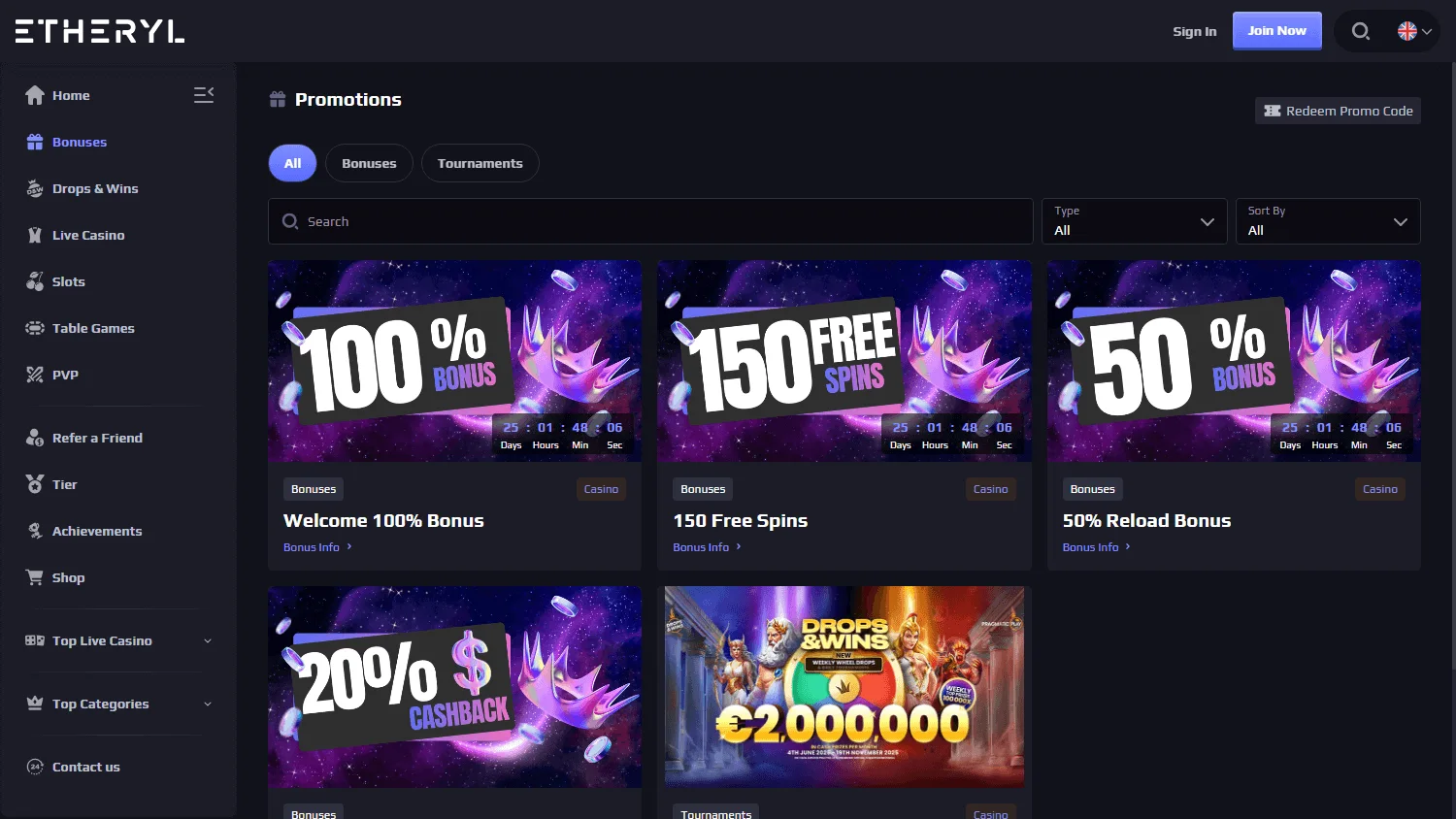 Eth Casino promotions interface on a desktop screen