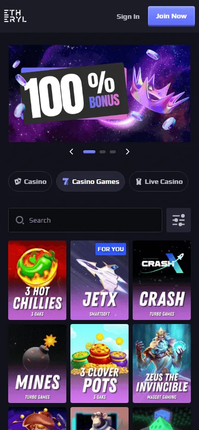 Eth Casino games interface in a mobile browser