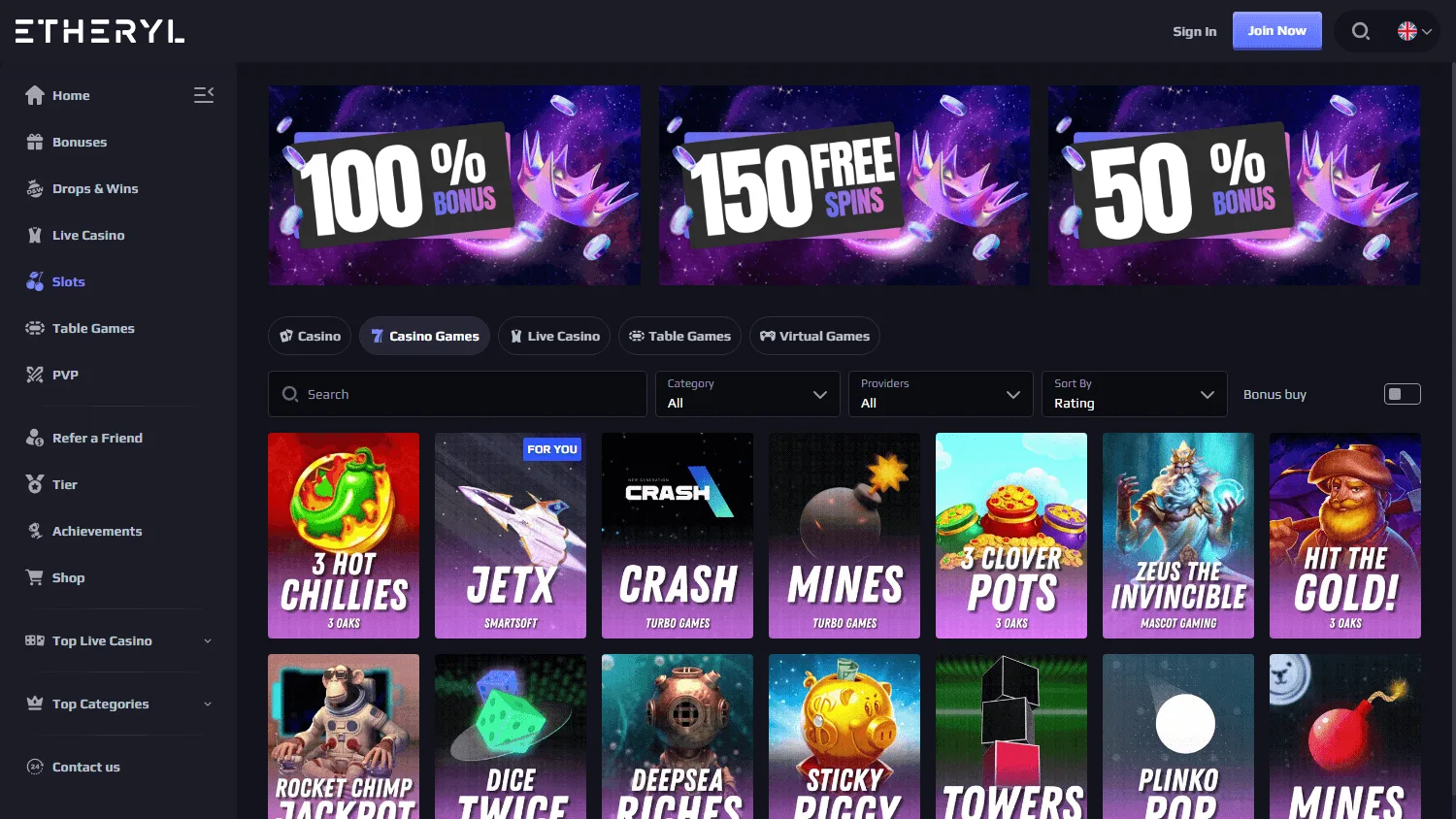 Eth Casino games interface on a desktop screen