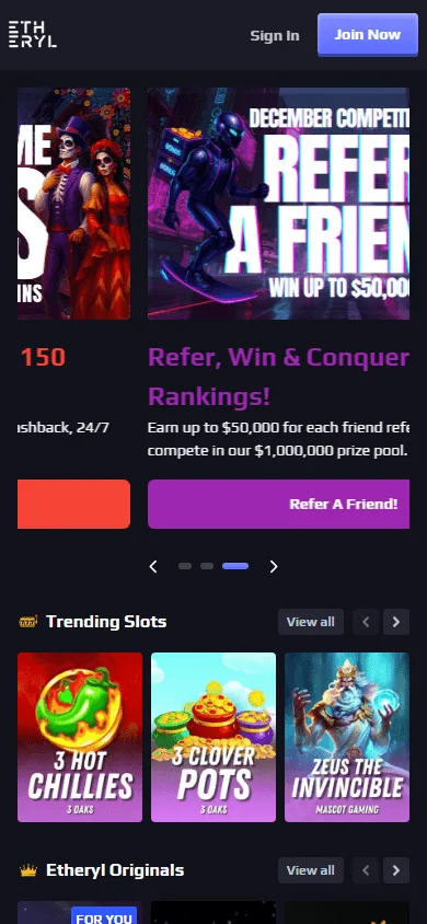 Eth Casino home interface in a mobile browser