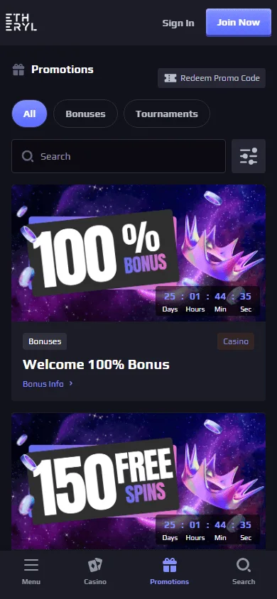Eth Casino promotions interface in a mobile browser